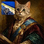 A curious cat lounges on a wooden bench under a bright blue tarp, looking up with wide eyes as if plotting its next adventure, while the sunny backyard peeks in the background.