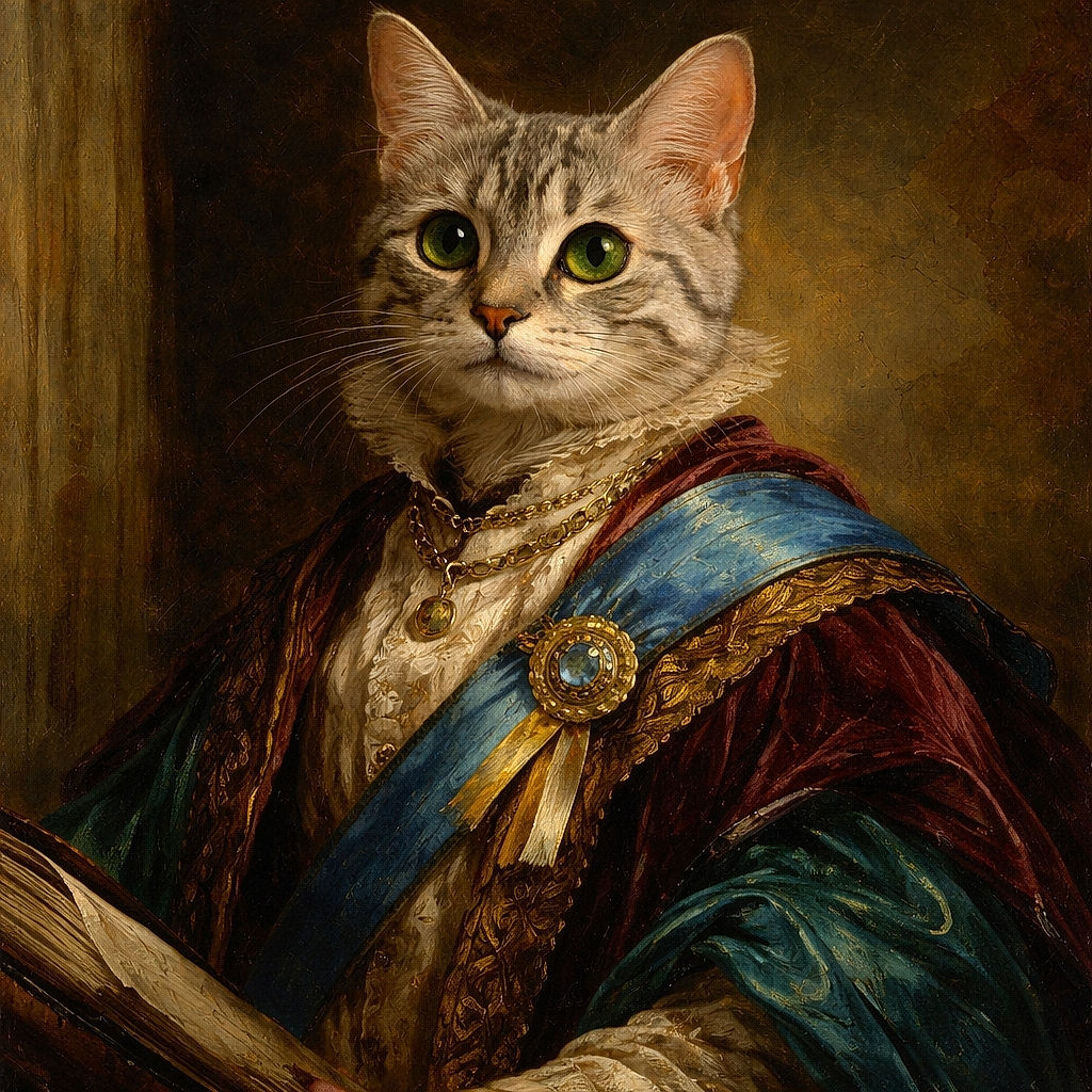 A curious cat lounges on a wooden bench under a bright blue tarp, looking up with wide eyes as if plotting its next adventure, while the sunny backyard peeks in the background.