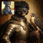 A regal, curly-haired black dog perches on the couch like royalty — fluffy chest, mysterious eyes hidden under a mop of curls, and a dignified nose that demands attention (and maybe treats). The warm indoor light and cozy blanket make this an adorably dramatic portrait.