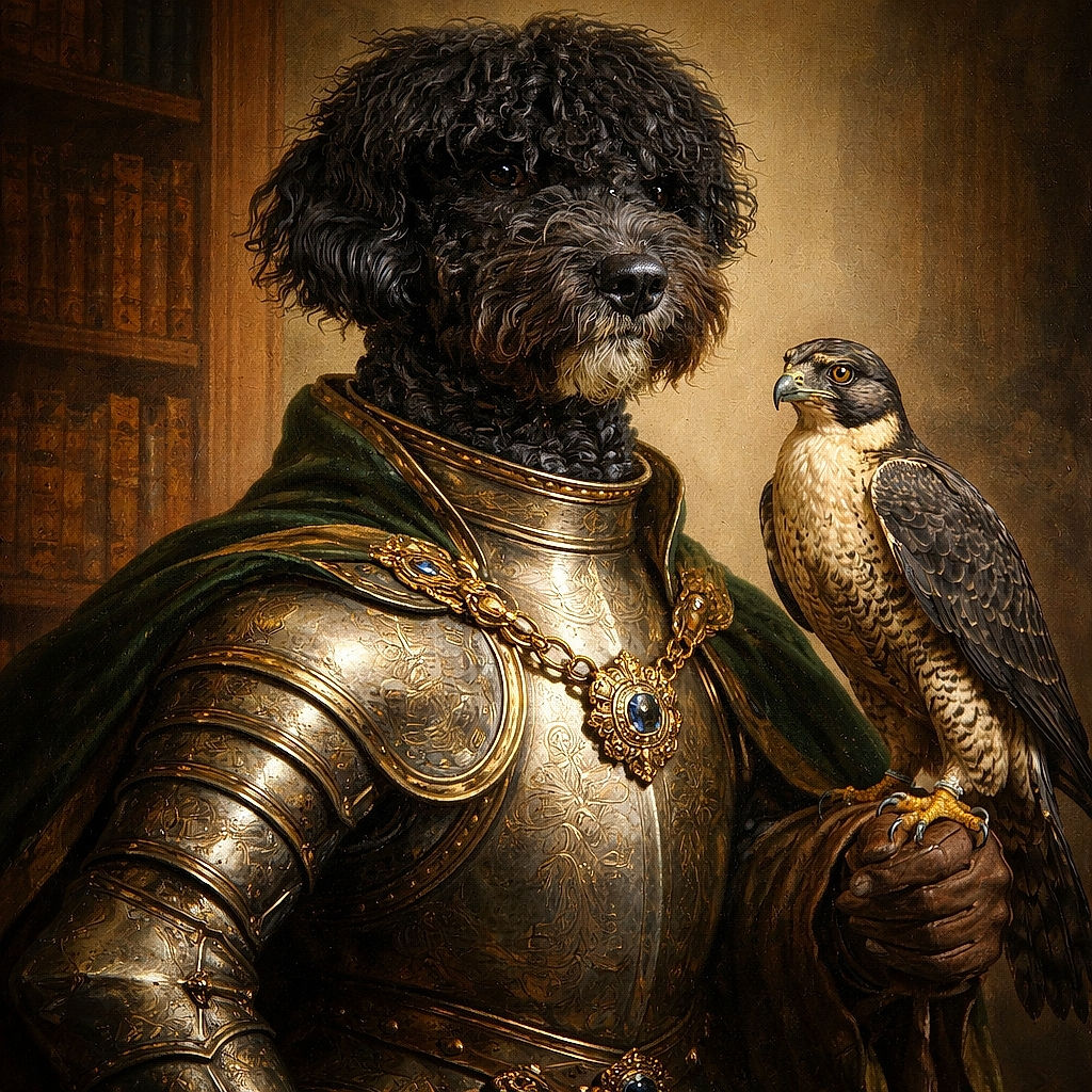 A regal, curly-haired black dog perches on the couch like royalty — fluffy chest, mysterious eyes hidden under a mop of curls, and a dignified nose that demands attention (and maybe treats). The warm indoor light and cozy blanket make this an adorably dramatic portrait.