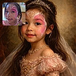 A young child with colorful face paint featuring pink and white designs smiles gently in a slightly blurry indoor setting, wearing a pastel rainbow shirt with soft lighting in the background kitchen.