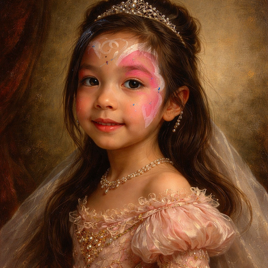 A young child with colorful face paint featuring pink and white designs smiles gently in a slightly blurry indoor setting, wearing a pastel rainbow shirt with soft lighting in the background kitchen.