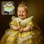 A joyful baby dressed in a frilly yellow and white dress with lace trim, wearing shiny black shoes and a matching headband, sitting happily on a patterned couch, flashing a big smile that could brighten anyone's day.