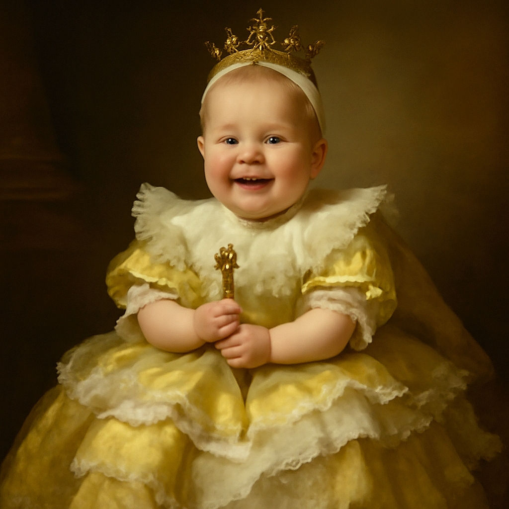 A joyful baby dressed in a frilly yellow and white dress with lace trim, wearing shiny black shoes and a matching headband, sitting happily on a patterned couch, flashing a big smile that could brighten anyone's day.