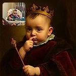 A cute baby with a bib is busy munching food in a high chair, surrounded by a cozy home setting with patterned curtains and a playful toy on the tray, while an adult's hands are cutting food in the foreground.