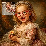 A cheerful little child with bright red glasses and floral pajamas is lying on a leather couch, holding a glass and a snack, with a playful and joyful expression. The background shows a cozy room with toys and furniture, adding to the warm, everyday family vibe.
