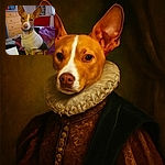 A curious dog wearing a cozy sweater sits attentively on a bed cluttered with papers and a laptop, with a colorful dresser and wall art in the background, giving off a vibe of a hardworking pup ready to join the home office hustle.