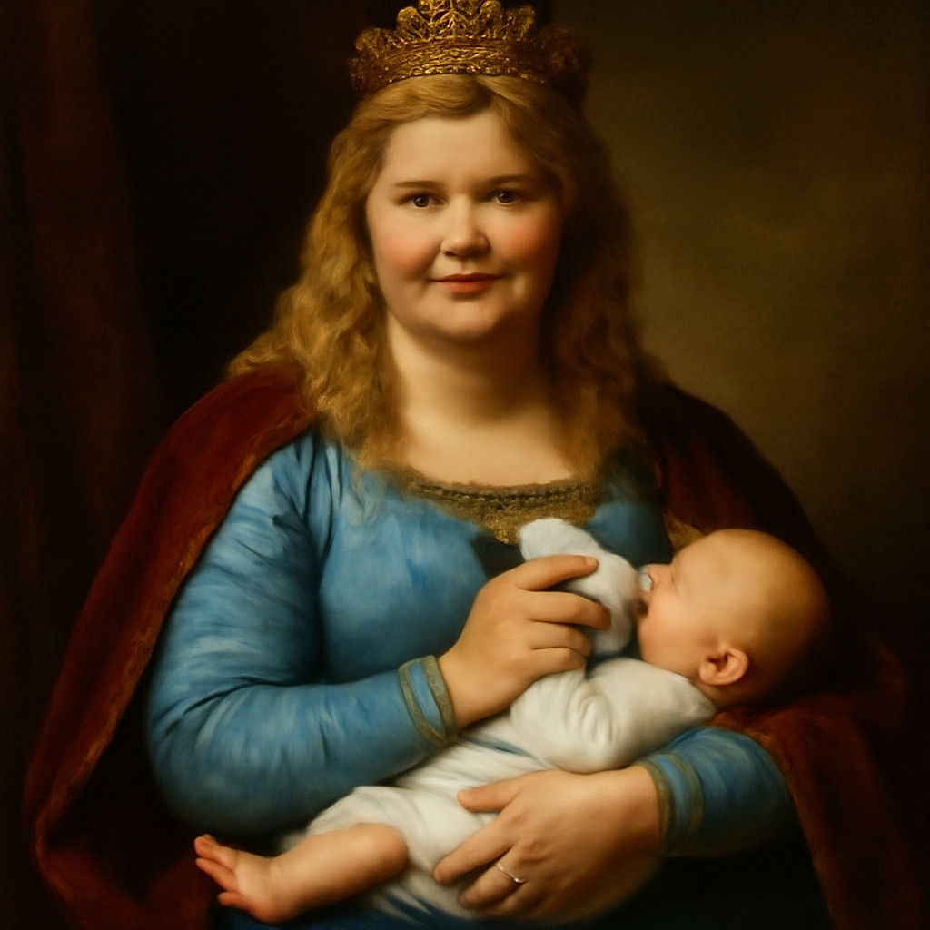 A woman in a blue dress is outdoors feeding a baby with a bottle, standing near a chain-link fence with trees in the background. The baby, wrapped in white, is comfortably nestled in her arms while she smiles gently at the camera.