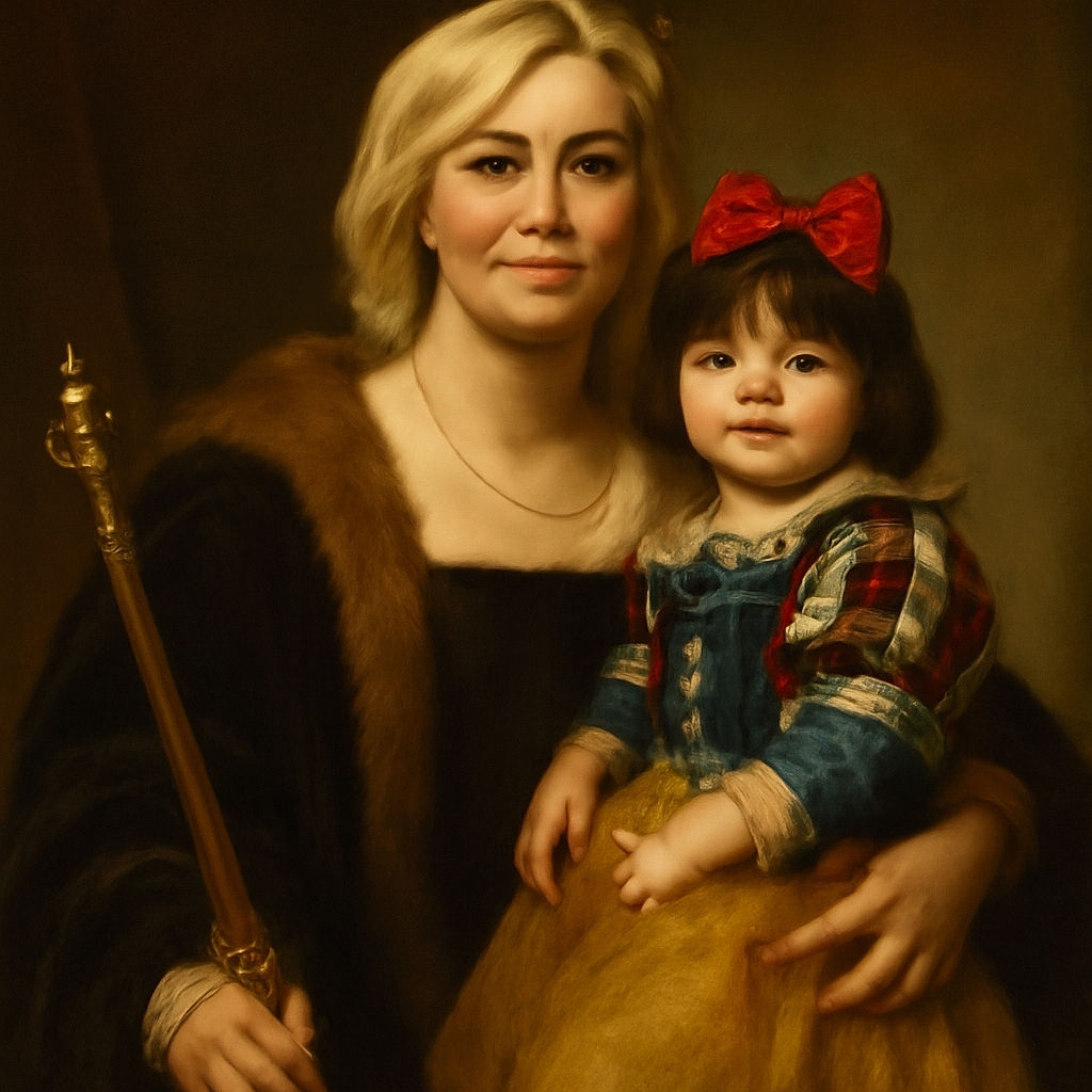 A cozy snapshot of a smiling woman holding a toddler dressed in a colorful fairy tale costume complete with a big red bow and a yellow tutu, both sharing a sweet moment indoors.