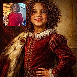 A cheerful child with wild curly hair and a bright red shirt beams happily at the camera, standing in a cozy, lived-in kitchen with another toddler playing in the background. The warm light highlights the child's joyful expression, making the moment feel candid and full of life.