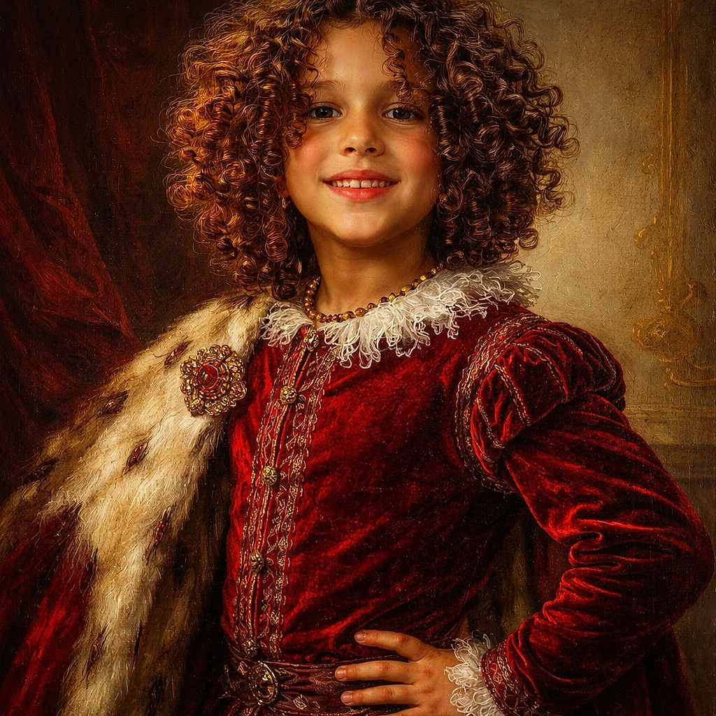 A cheerful child with wild curly hair and a bright red shirt beams happily at the camera, standing in a cozy, lived-in kitchen with another toddler playing in the background. The warm light highlights the child's joyful expression, making the moment feel candid and full of life.
