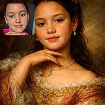A young girl poses with a calm expression, resting her chin on her hand. She sports a bright pink shirt splattered with white, a small yellow star sticker on her cheek, and gold hoop earrings. The background is dark, making her face and colorful outfit stand out.