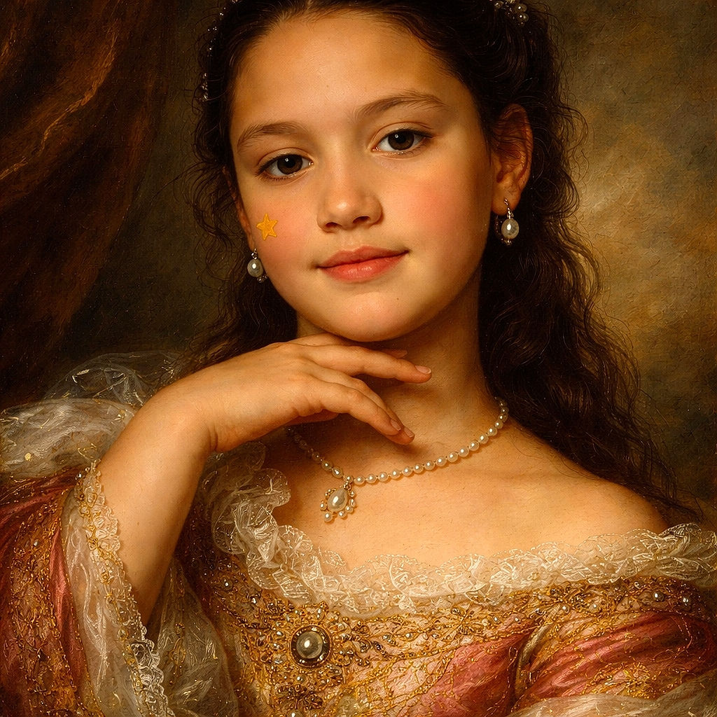 A young girl poses with a calm expression, resting her chin on her hand. She sports a bright pink shirt splattered with white, a small yellow star sticker on her cheek, and gold hoop earrings. The background is dark, making her face and colorful outfit stand out.