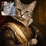 A charming close-up of a gray tabby cat lounging comfortably on a beige couch with a cozy and colorful autumn-themed background, capturing the cat's curious and slightly amused expression.