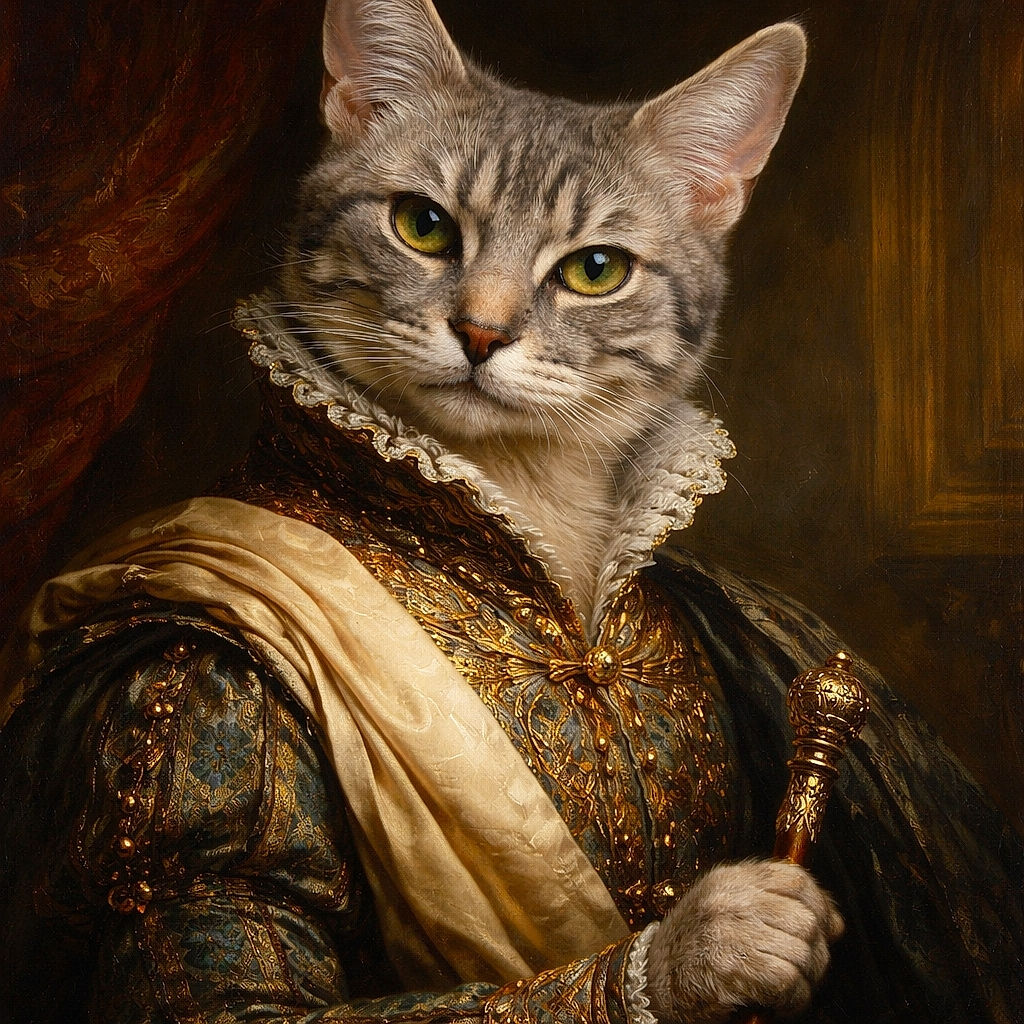 A charming close-up of a gray tabby cat lounging comfortably on a beige couch with a cozy and colorful autumn-themed background, capturing the cat's curious and slightly amused expression.