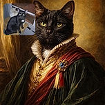 A sleek black cat with a small white patch on its chest sits attentively on a wooden folding table near a window, its eyes glowing in the dim light as if plotting its next adventure.