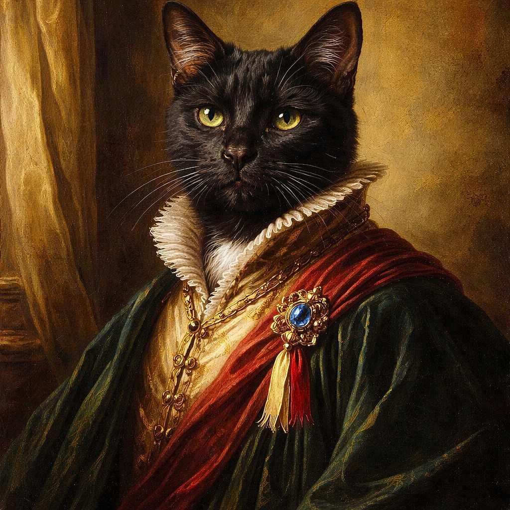 A sleek black cat with a small white patch on its chest sits attentively on a wooden folding table near a window, its eyes glowing in the dim light as if plotting its next adventure.