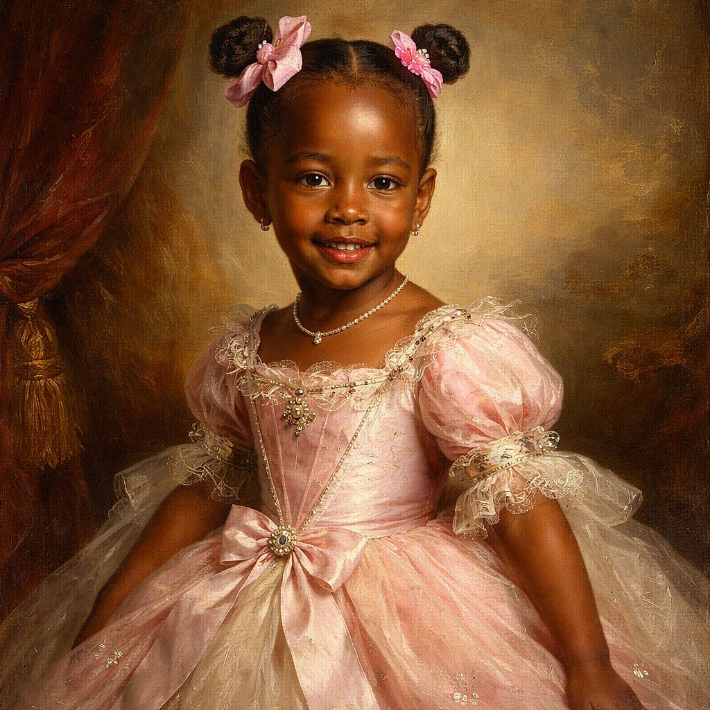 A cheerful little girl strikes a playful pose against a plain wall, dressed in a matching pink outfit with vibrant red and white sneakers, her hair styled in cute buns adorned with colorful accessories.
