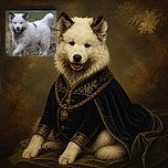 A fluffy white puppy stands proudly in the grass, looking like it just auditioned for the role of “tiny cloud with legs.” The photo is displayed inside a phone selection screen, complete with French buttons and plenty of dramatic black padding.