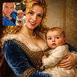 A cheerful woman in a bright blue cardigan beams at the camera while holding a wide-eyed baby dressed in a white onesie with a cute animal patch, sitting comfortably in a cozy living room setting.