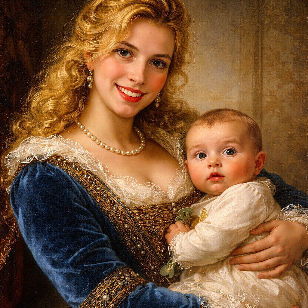 A cheerful woman in a bright blue cardigan beams at the camera while holding a wide-eyed baby dressed in a white onesie with a cute animal patch, sitting comfortably in a cozy living room setting.