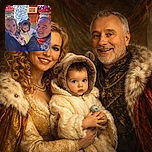 A cheerful family selfie taken at a festive outdoor event with colorful mushroom decorations and sparkling lights in the background. The little child, bundled up in a cute bear-ear hooded jacket, looks curiously at the camera while the adults smile warmly, all cozy in winter attire.