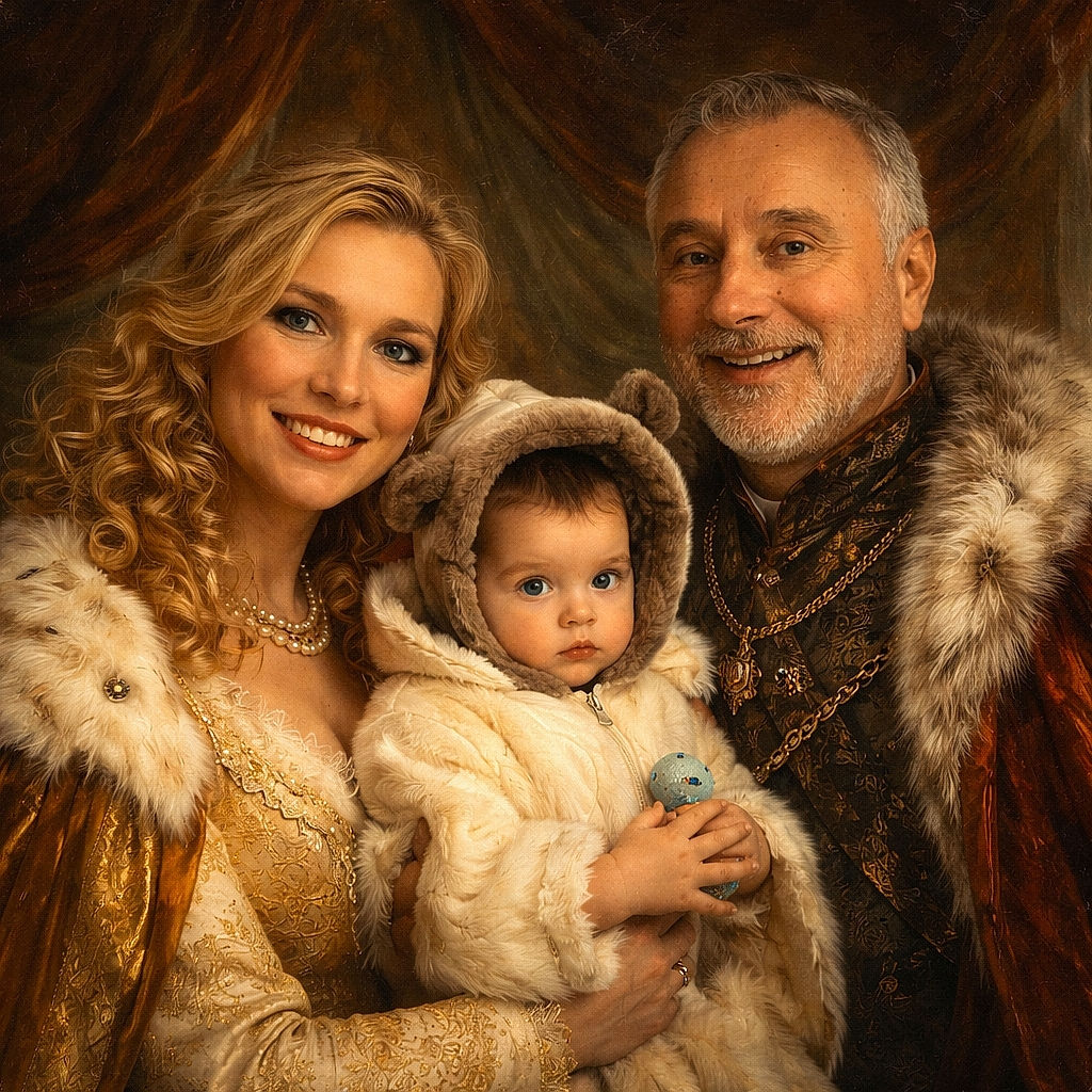 A cheerful family selfie taken at a festive outdoor event with colorful mushroom decorations and sparkling lights in the background. The little child, bundled up in a cute bear-ear hooded jacket, looks curiously at the camera while the adults smile warmly, all cozy in winter attire.