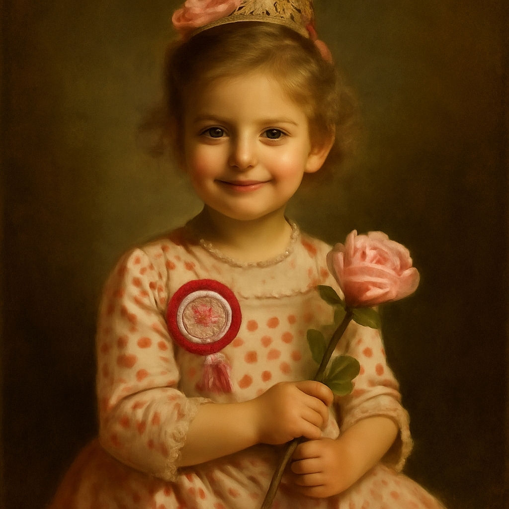A cheerful little girl with a big pink bow is sitting on a black chair holding a pink flower, wearing a cute pink and white dress with matching socks and sneakers. The wooden panel background and soft lighting give the photo a warm, cozy birthday vibe.