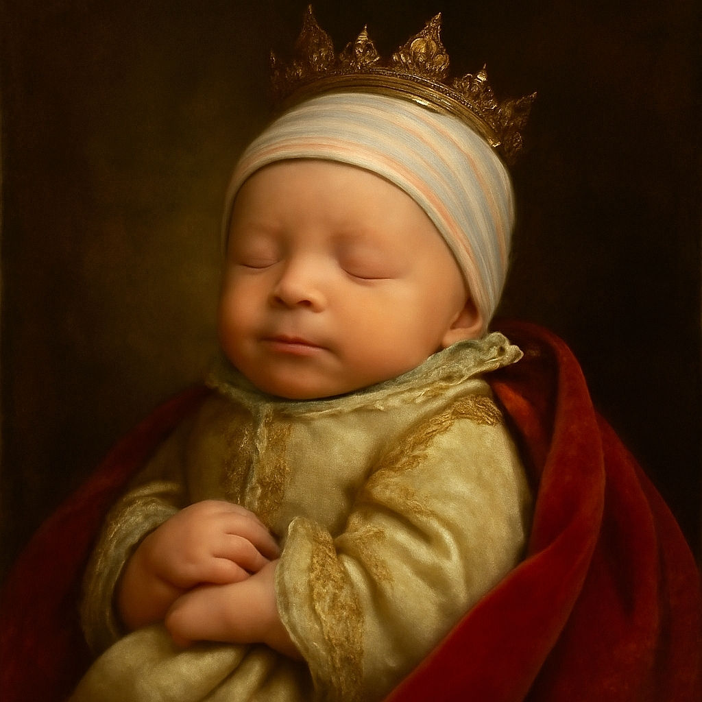 A peaceful newborn baby wrapped snugly in a hospital blanket with a striped cap, sleeping soundly with a tiny fist near the face, set against a softly blurred background of hospital furniture.