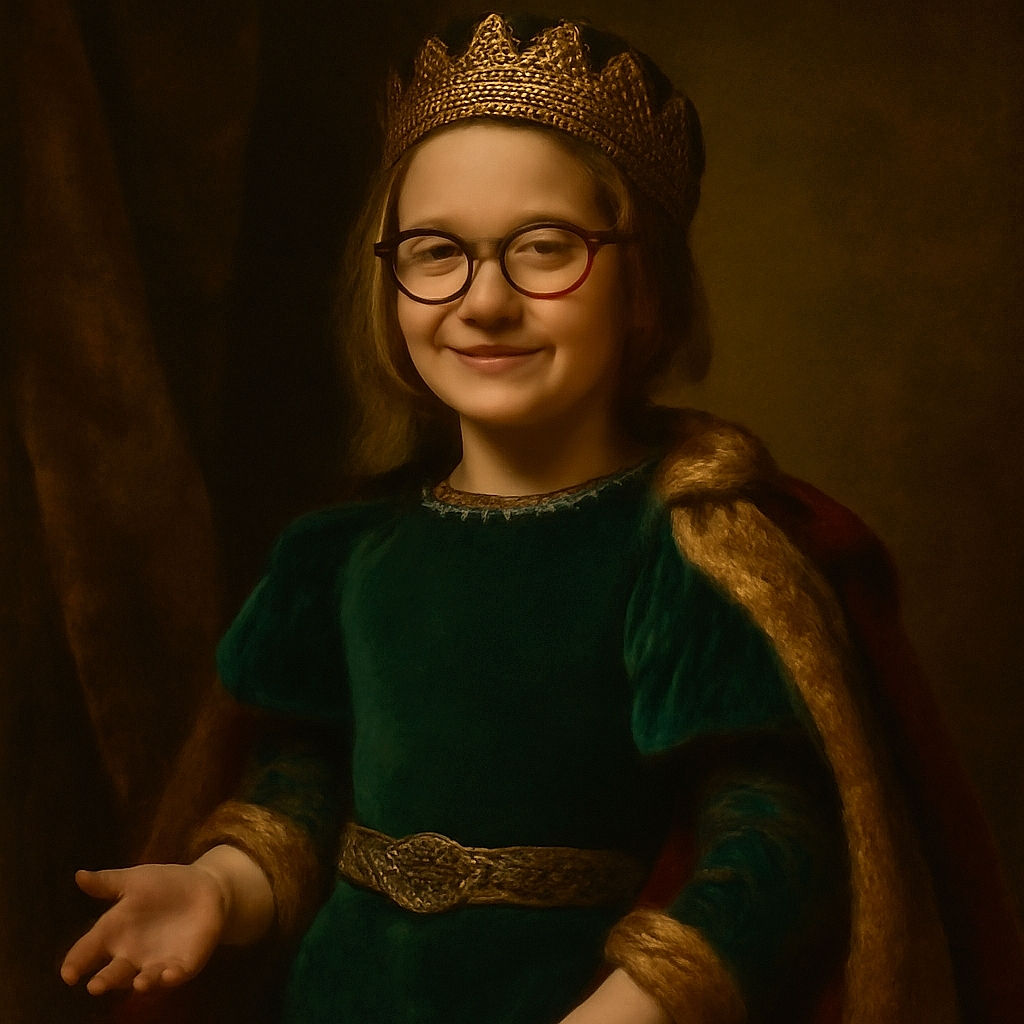 A cheerful young girl strikes a playful pose indoors, wearing a vibrant green knit top and white pants with a stylish bow belt. She sports round glasses and a leopard print headband, smiling brightly in a cozy living room setting with wooden floors and modern decor.