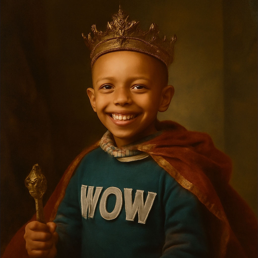 A cheerful young child with a bright smile sits at a table, holding a fork and enjoying a meal. The child wears a blue sweatshirt with the word 'WOW' on it, and the background shows a cozy setting with folded blankets and a teddy bear on a bed. A pacifier rests on the table, adding a touch of childhood innocence.