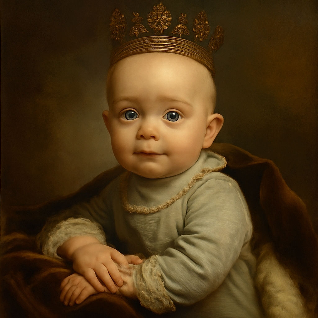 A curious baby in striped pajamas is lying on a couch, looking wide-eyed at the camera with an innocent expression, surrounded by cozy home elements and a TV in the background.