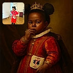 A cute toddler dressed in a bright red outfit with matching Minnie Mouse purse stands thoughtfully indoors, thumb in mouth, with a stylish double puff hairstyle and black shoes, surrounded by a cozy home setting.