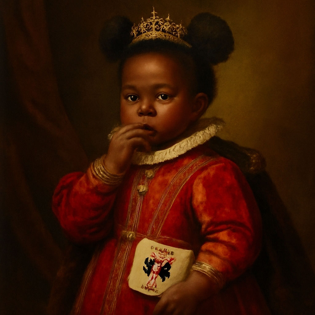 A cute toddler dressed in a bright red outfit with matching Minnie Mouse purse stands thoughtfully indoors, thumb in mouth, with a stylish double puff hairstyle and black shoes, surrounded by a cozy home setting.