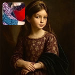 A thoughtful young child with light skin and brown hair wearing a floral patterned dress sits against a bright red background, looking down with a calm expression, while the arm in a contrasting blue patterned sleeve stretches out in front.