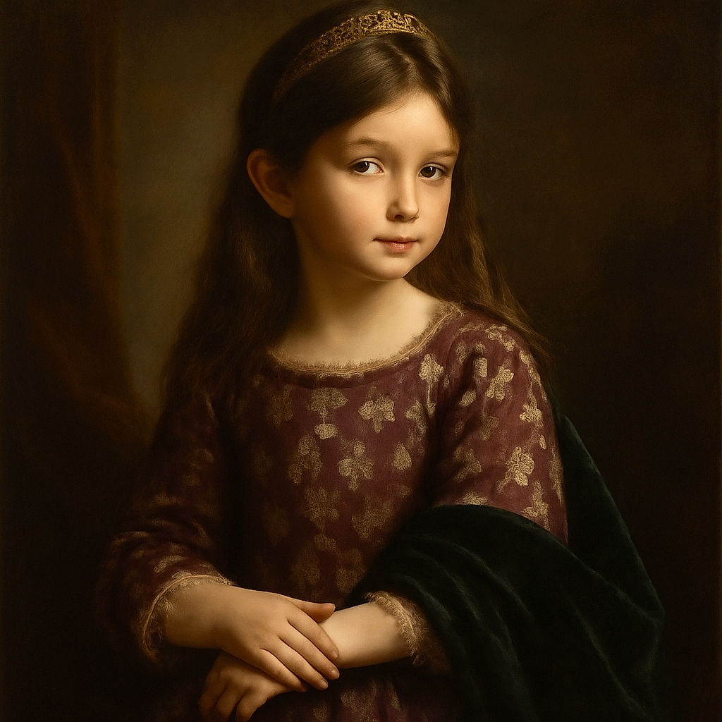 A thoughtful young child with light skin and brown hair wearing a floral patterned dress sits against a bright red background, looking down with a calm expression, while the arm in a contrasting blue patterned sleeve stretches out in front.