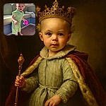 A curious toddler with adorable curly hair stands confidently indoors wearing a light green striped romper, holding a bright pink sippy cup, with a cozy couch and soft sunlight casting gentle shadows in the background.