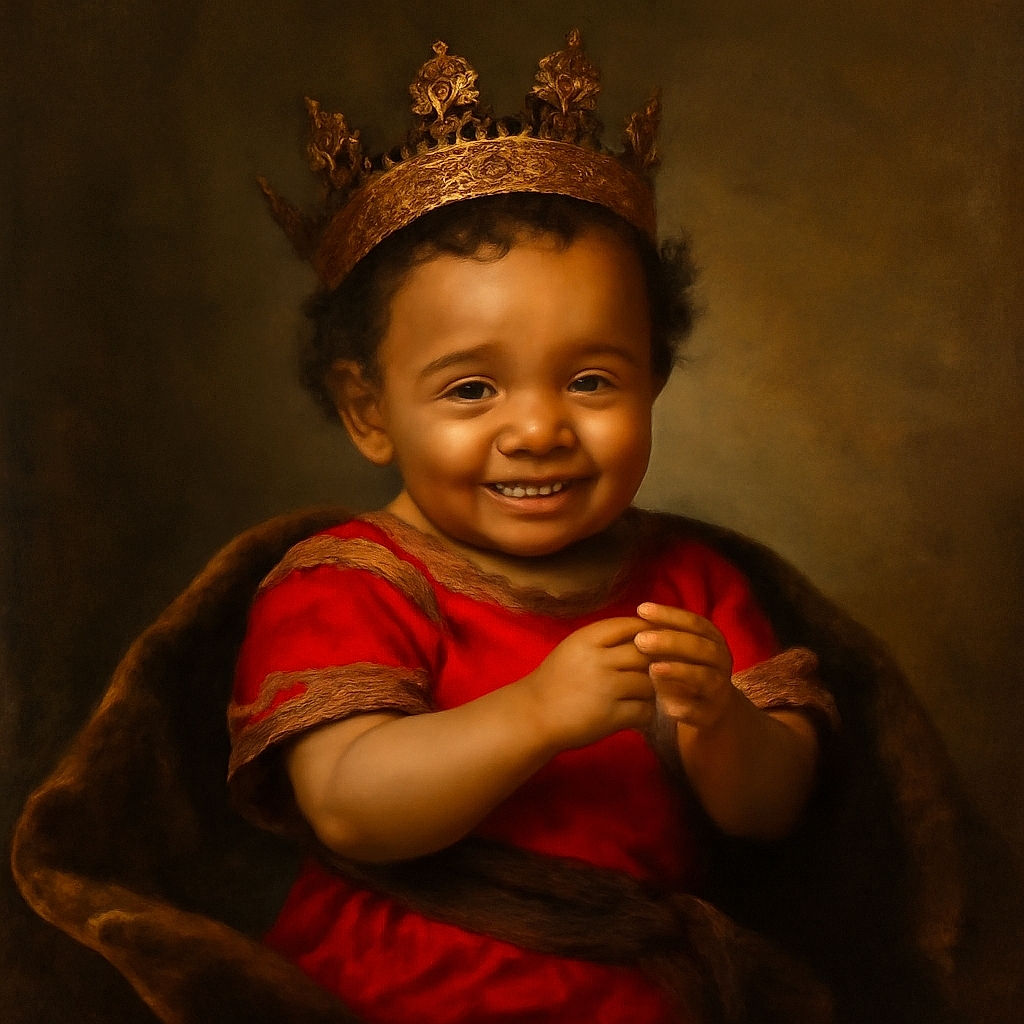 A cheerful baby sitting comfortably in a stroller, wearing a red shirt and striped socks, happily holding a snack with a big smile that could brighten anyone's day. The background shows a clean indoor space with another child standing near a wooden bench and a visible exit sign on the floor.