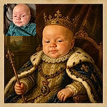 A wide-eyed baby lounges like a tiny, slightly suspicious CEO, wrapped in a starry teal outfit and inspecting the camera from a cozy textured blanket throne.