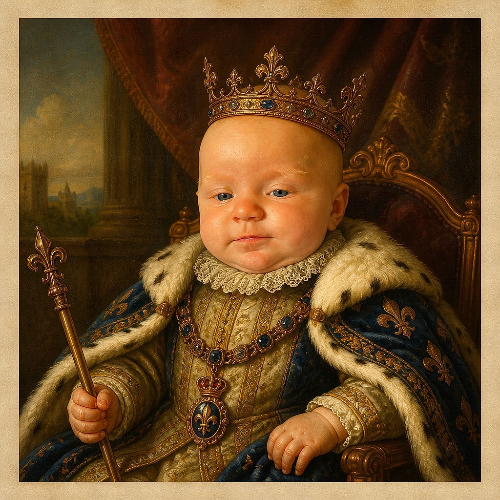 A wide-eyed baby lounges like a tiny, slightly suspicious CEO, wrapped in a starry teal outfit and inspecting the camera from a cozy textured blanket throne.