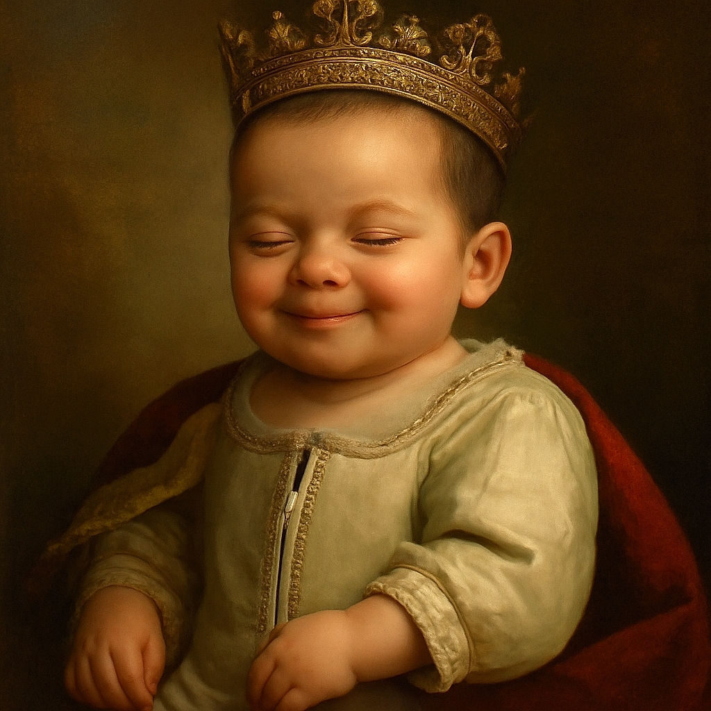 A peaceful baby with eyes closed and a tiny smile, wrapped snugly in soft blankets and wearing a white outfit, radiating pure innocence and comfort.