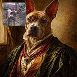 A curious dog with large, upright ears tilts its head inquisitively towards the camera, standing on a patterned carpet in a cozy room filled with plants and soft natural light filtering through a window.
