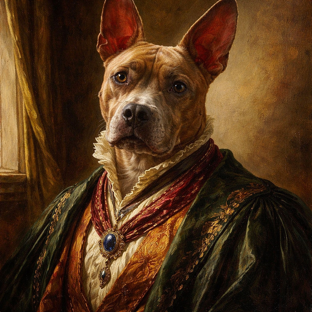 A curious dog with large, upright ears tilts its head inquisitively towards the camera, standing on a patterned carpet in a cozy room filled with plants and soft natural light filtering through a window.