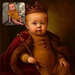 A chubby-cheeked baby in a mustard yellow onesie sits propped against a textured gray couch, eyes wide with surprise or curiosity, surrounded by cozy blankets and soft cushions.