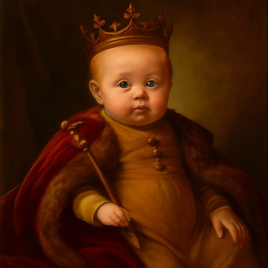 A chubby-cheeked baby in a mustard yellow onesie sits propped against a textured gray couch, eyes wide with surprise or curiosity, surrounded by cozy blankets and soft cushions.