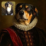 A dog with a serious and slightly squinting expression sits outdoors on a grassy area covered with fallen leaves. The dog wears a black harness and is illuminated by sunlight, which creates a bright patch on its chest. The background shows a concrete wall and more grass.