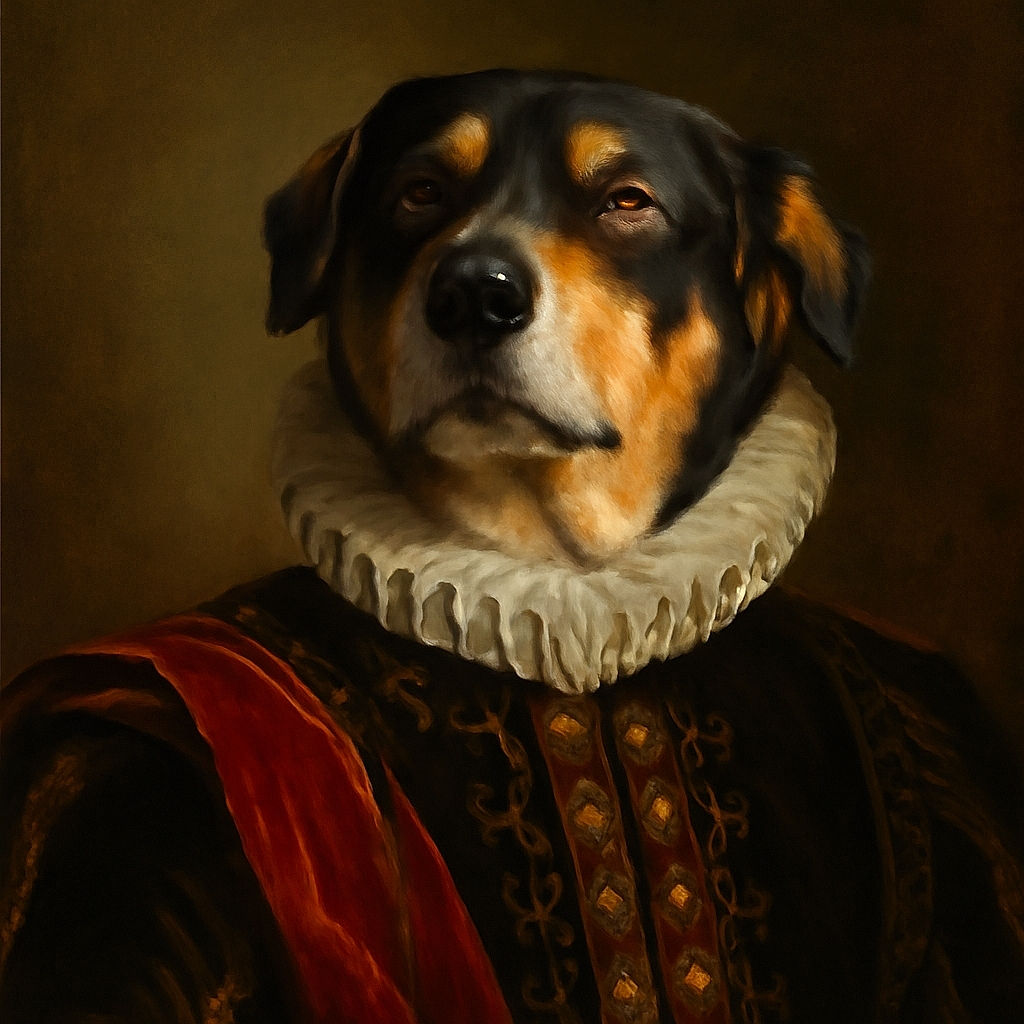 A dog with a serious and slightly squinting expression sits outdoors on a grassy area covered with fallen leaves. The dog wears a black harness and is illuminated by sunlight, which creates a bright patch on its chest. The background shows a concrete wall and more grass.