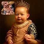 A cute baby dressed in a peach and patterned outfit is being gently held by an adult with rings on their fingers. The baby looks curious and slightly amused, with a soft focus background that highlights the tender moment.