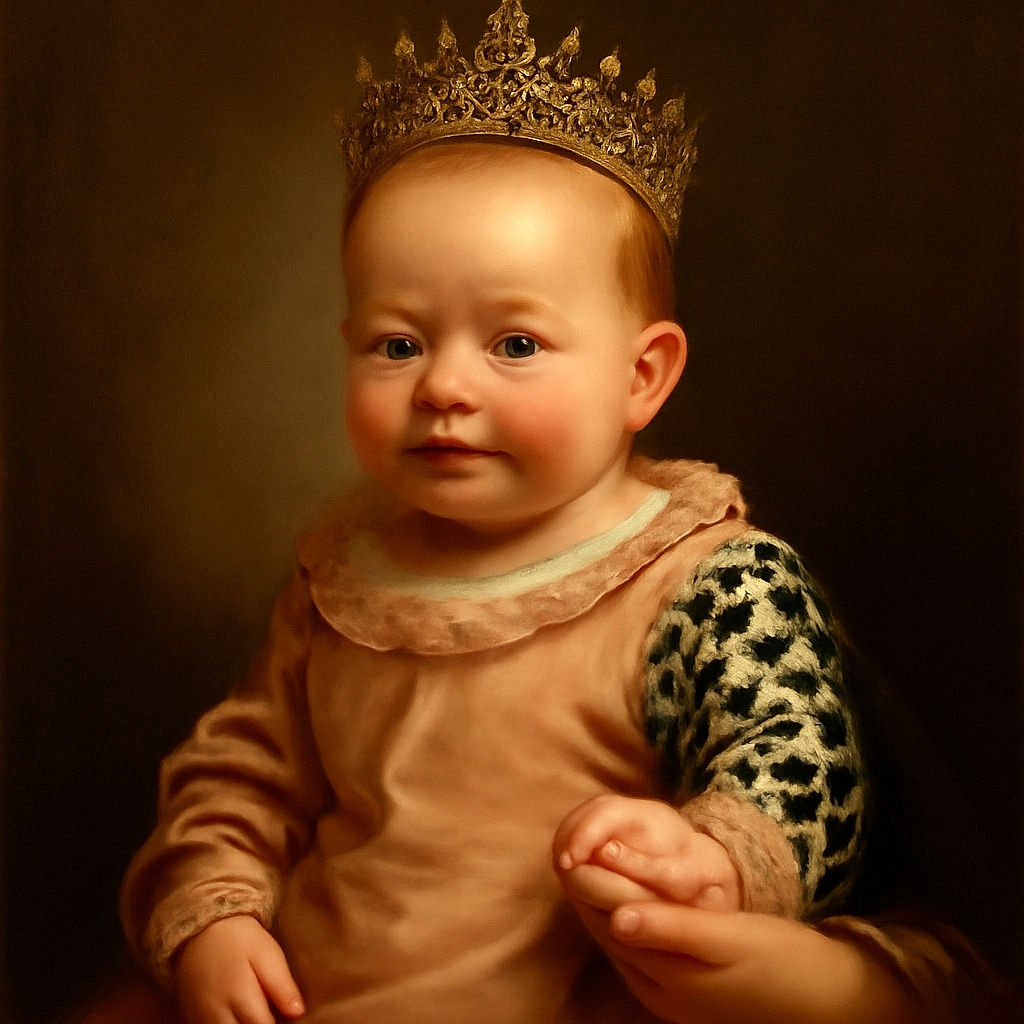 A cute baby dressed in a peach and patterned outfit is being gently held by an adult with rings on their fingers. The baby looks curious and slightly amused, with a soft focus background that highlights the tender moment.