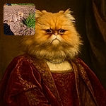 A fluffy Persian cat sits on freshly tilled garden soil next to a patch of green plants with purple flowers, basking in the sunlight while casting a small shadow.